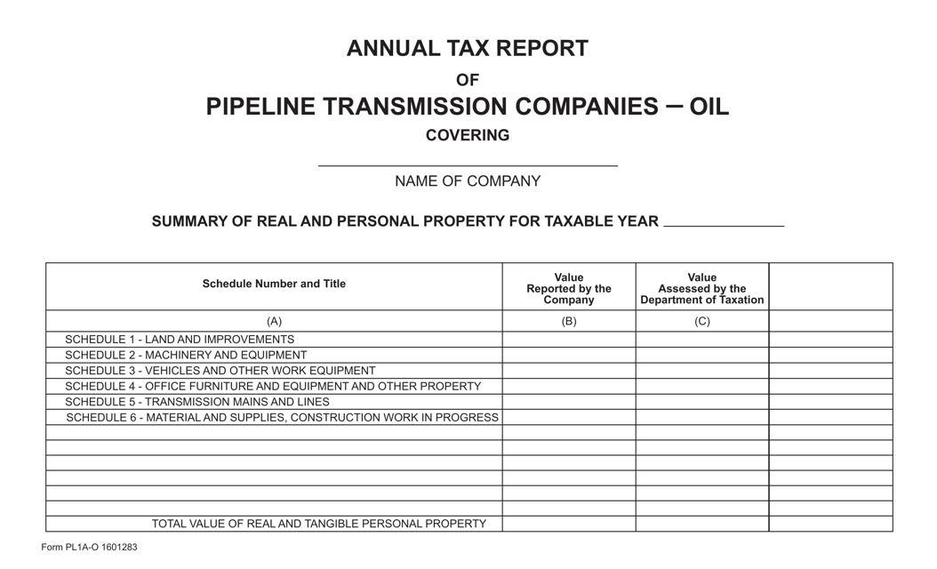 Form PL1A-O Annual Tax Report of Pipeline Transmission Companies - Oil - Virginia