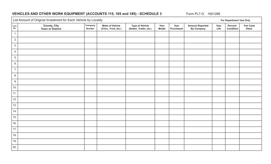 Form PL7-O Schedule 3 Vehicles and Other Work Equipment (Accounts 115,165 and 185) - Virginia, Page 1