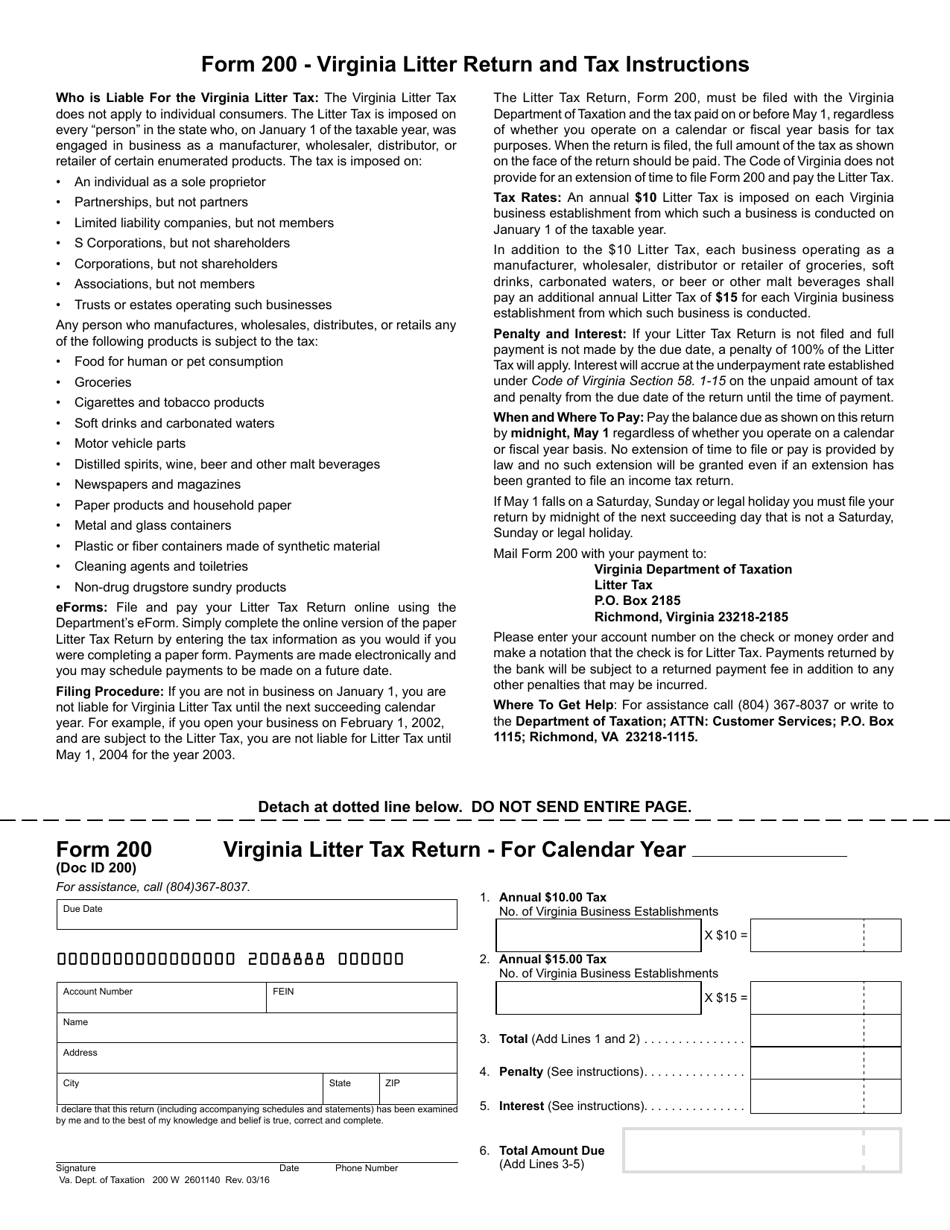 Form 200 Litter Tax Return - Virginia, Page 1