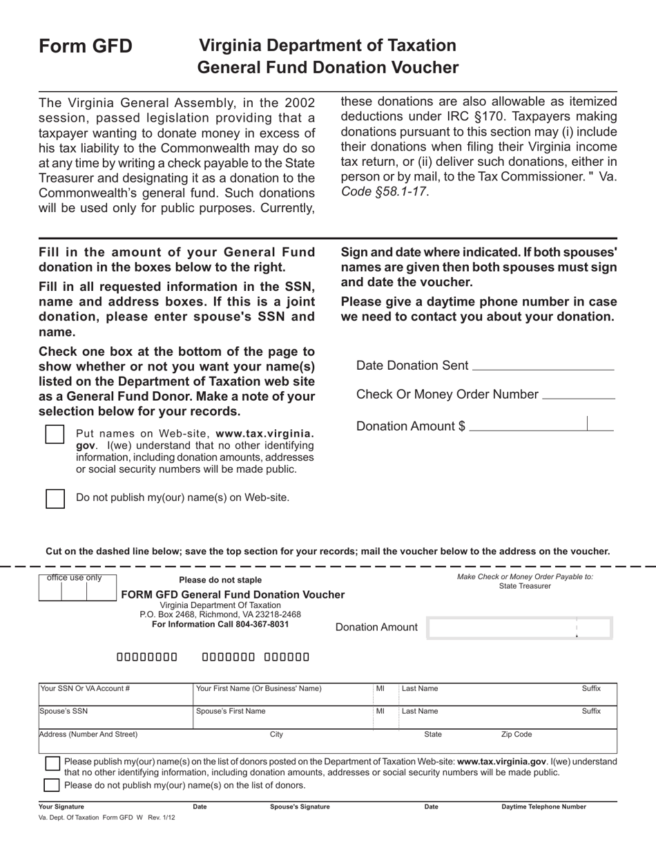 Form GFD General Fund Donation Voucher - Virginia, Page 1