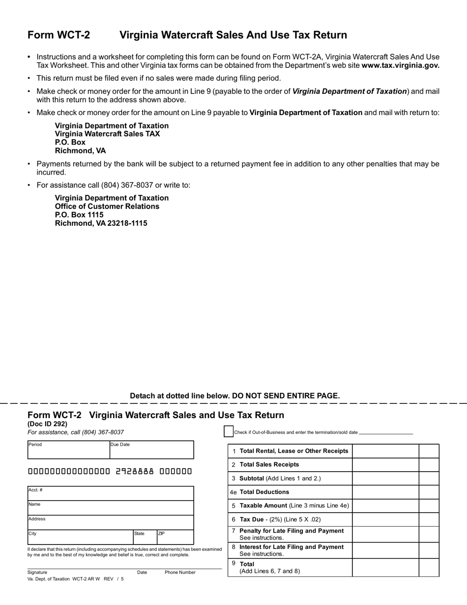 Form WCT-2 Virginia Watercraft Sales and Use Tax Return - Virginia, Page 1