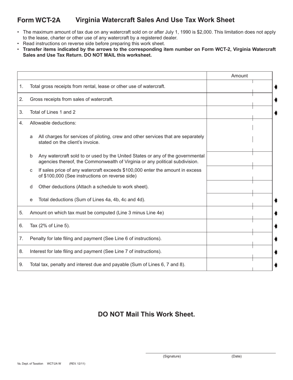 Form WCT-2A Virginia Watercraft Sales and Use Tax Worksheet - Virginia, Page 1