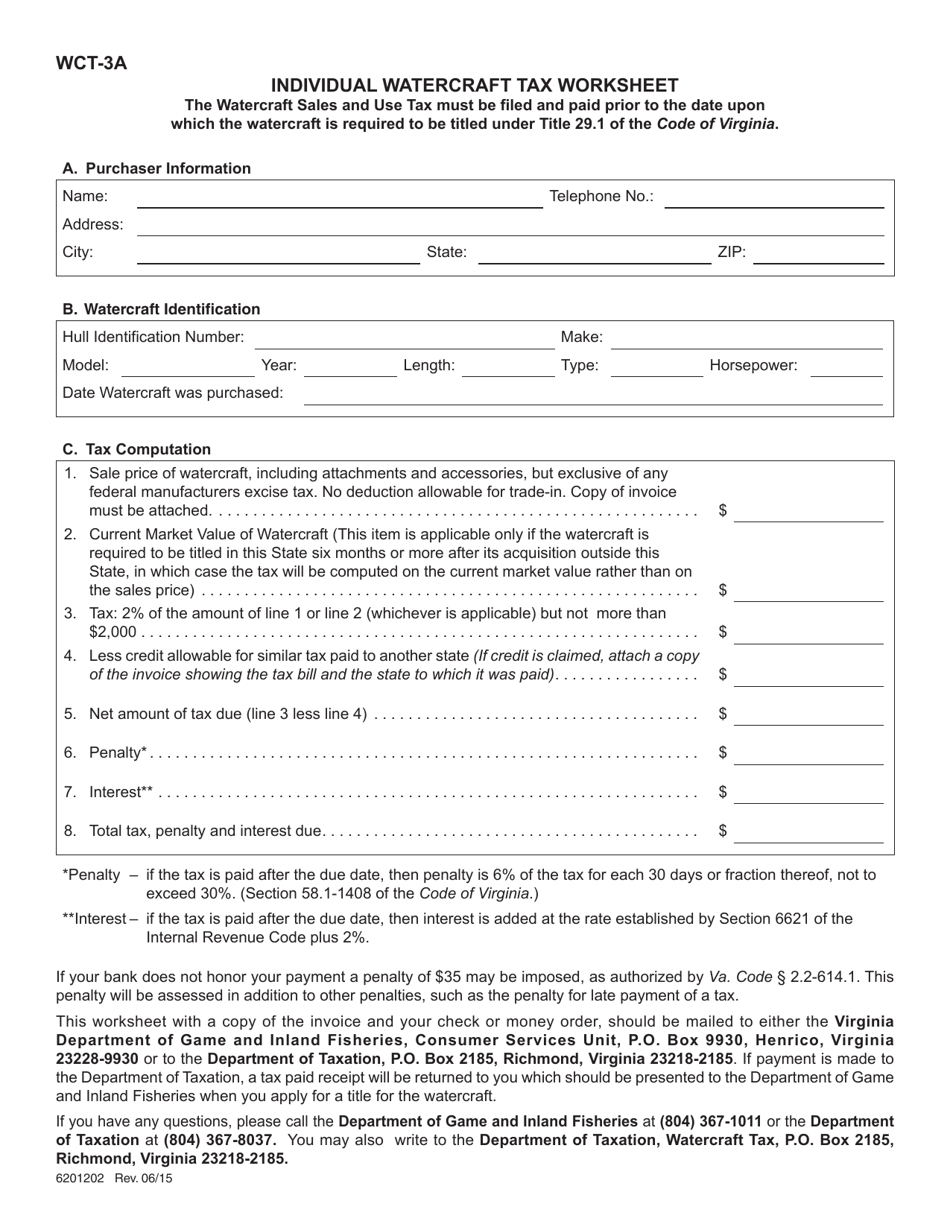 Form WCT-3A Individual Watercraft Tax Worksheet - Virginia, Page 1