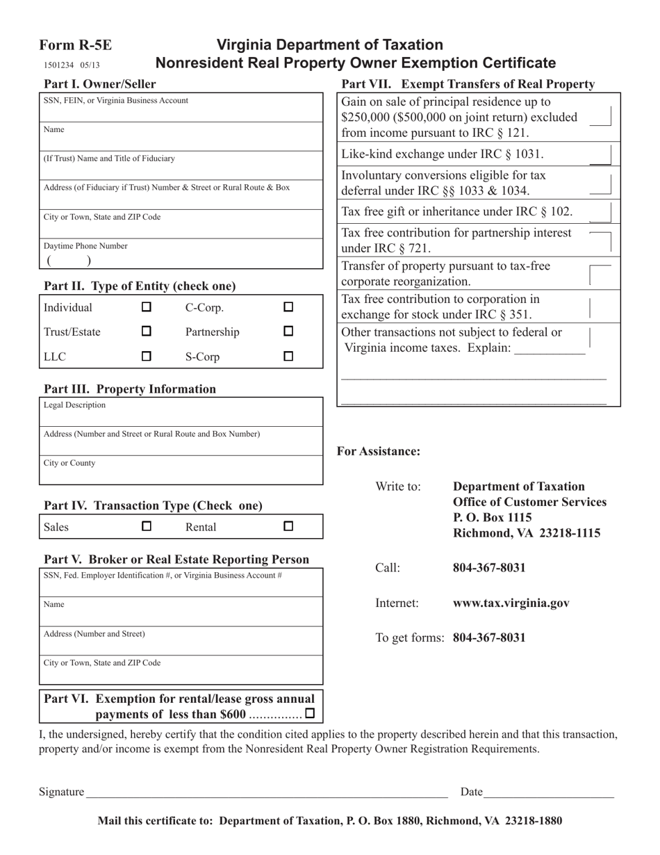 Form R-5E Nonresident Real Property Owner Exemption Certificate - Virginia, Page 1