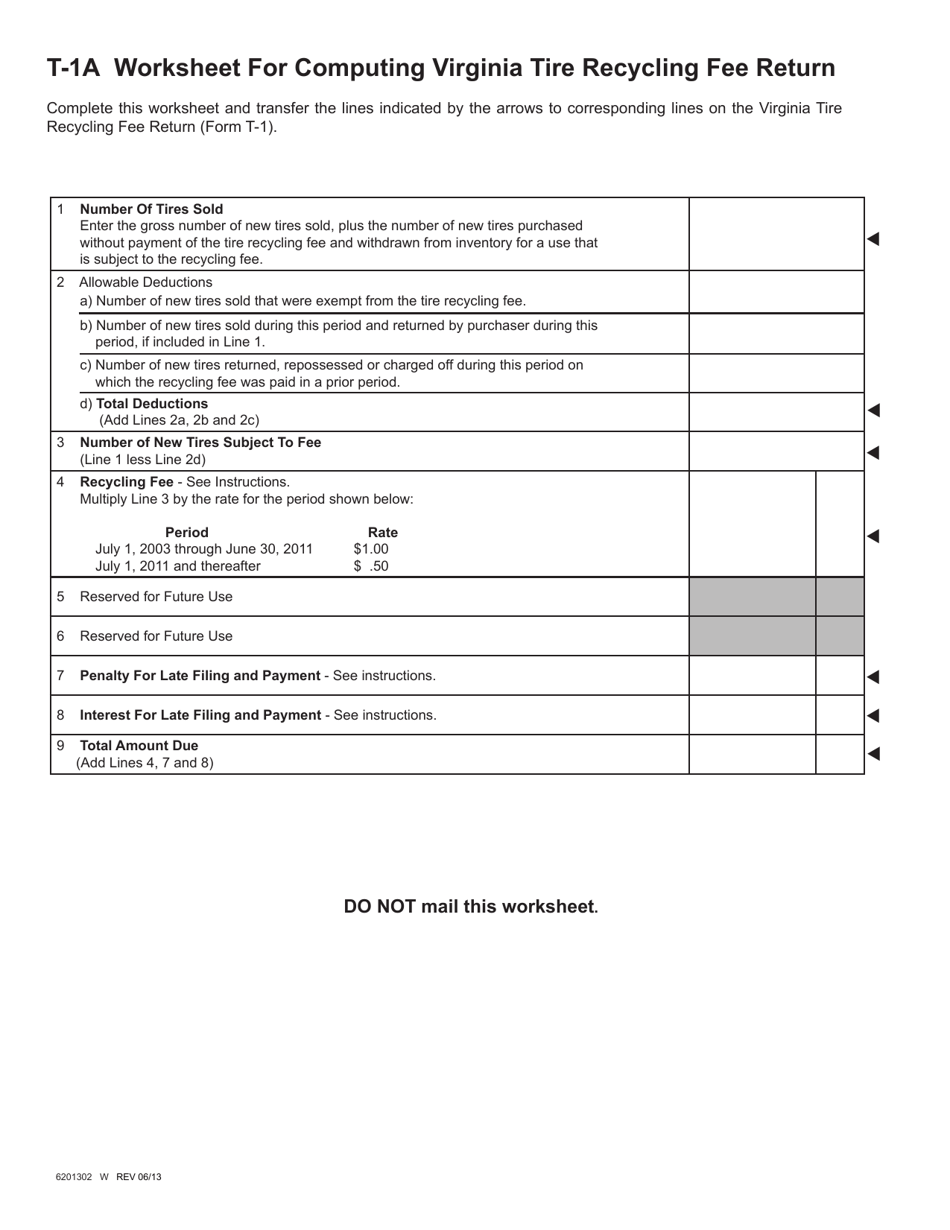 Form T-1A Worksheet for Computing Virginia Tire Recycling Fee Return - Virginia, Page 1