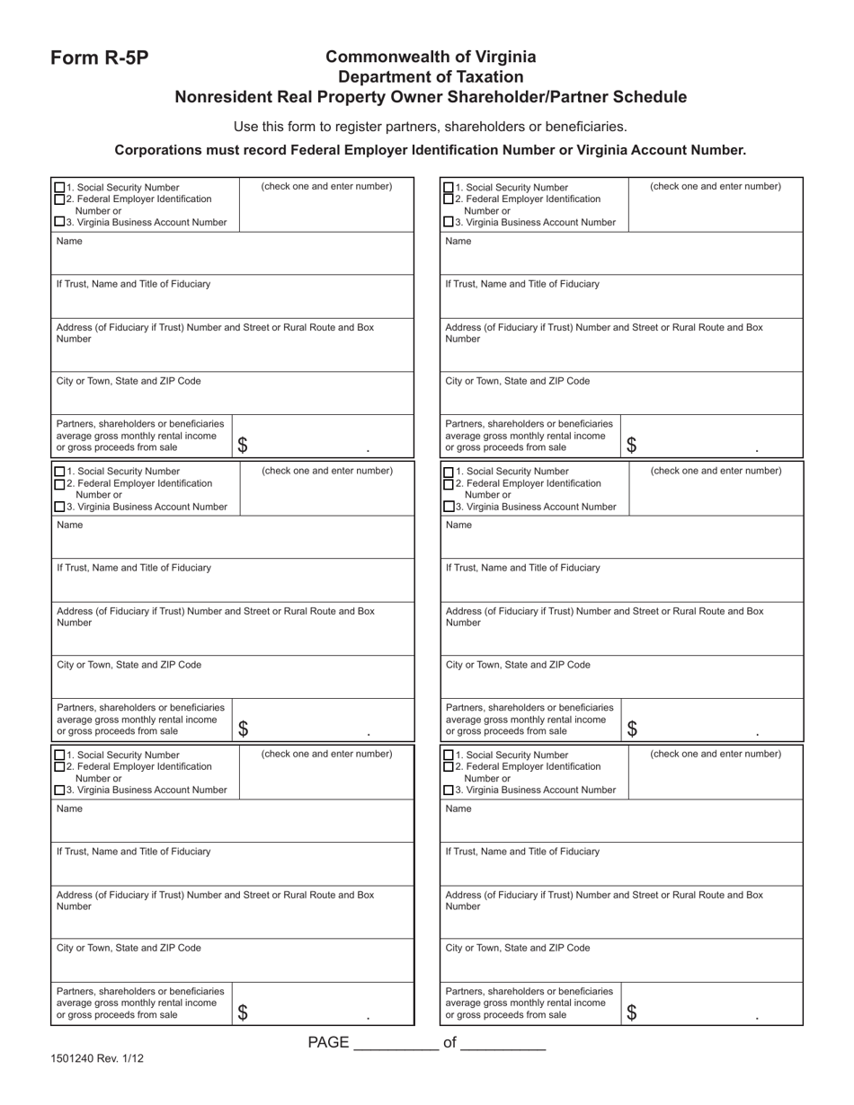 Form R-5P Nonresident Real Property Owner Shareholder/Partner Schedule - Virginia, Page 1
