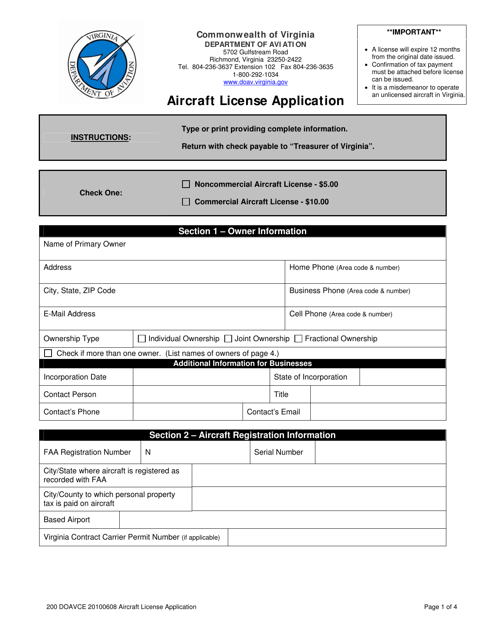 Aircraft License Application - Virginia Download Pdf