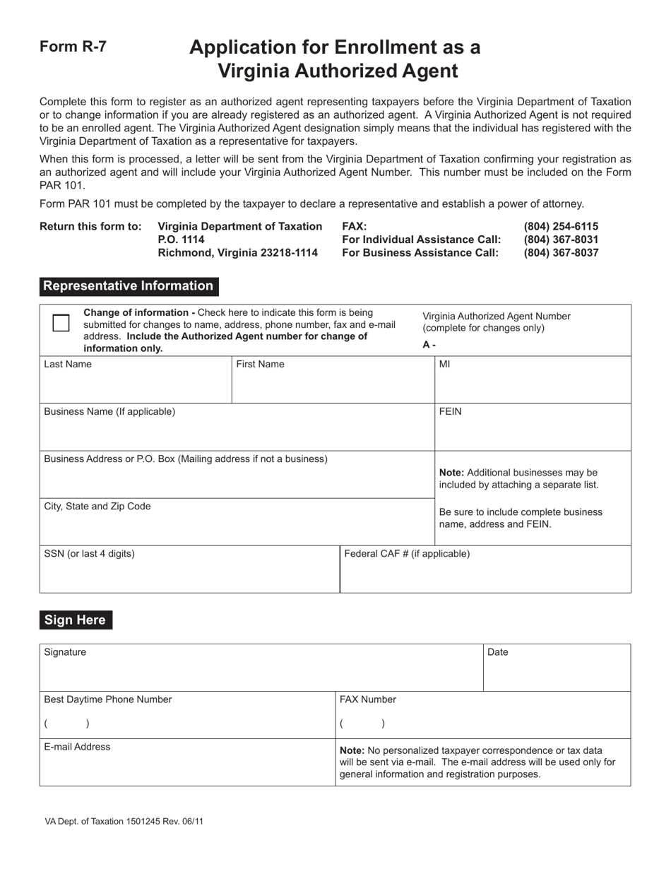 Form R-7 Application for Enrollment as a Virginia Authorized Agent - Virginia, Page 1