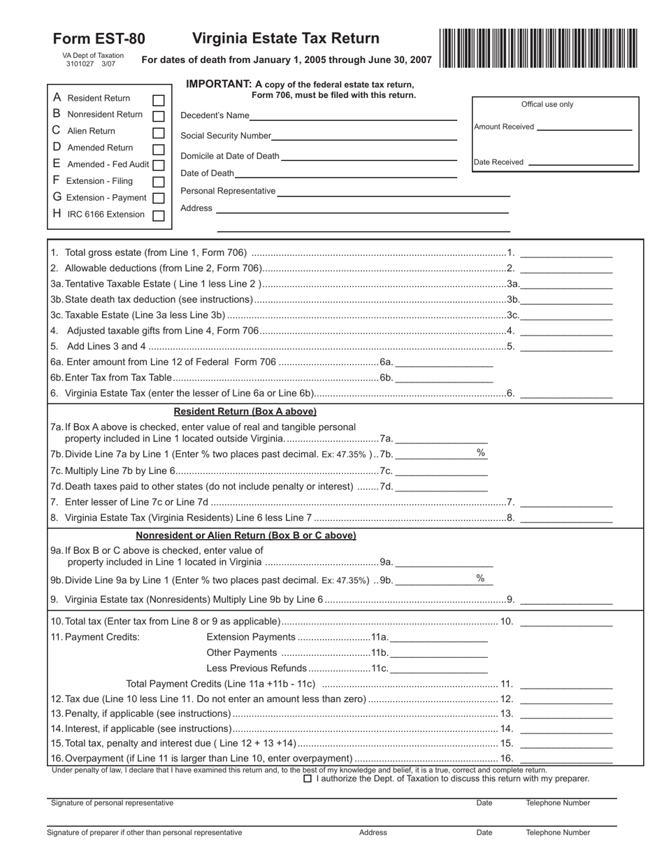 Form EST-80 Virginia Estate Tax Return for Dates of Death From January 1, 2005 Through June 30, 2007 - Virginia, Page 1