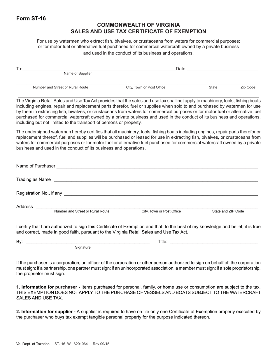 Form ST-16 Sales and Use Tax Certificate of Exemption - Virginia, Page 1