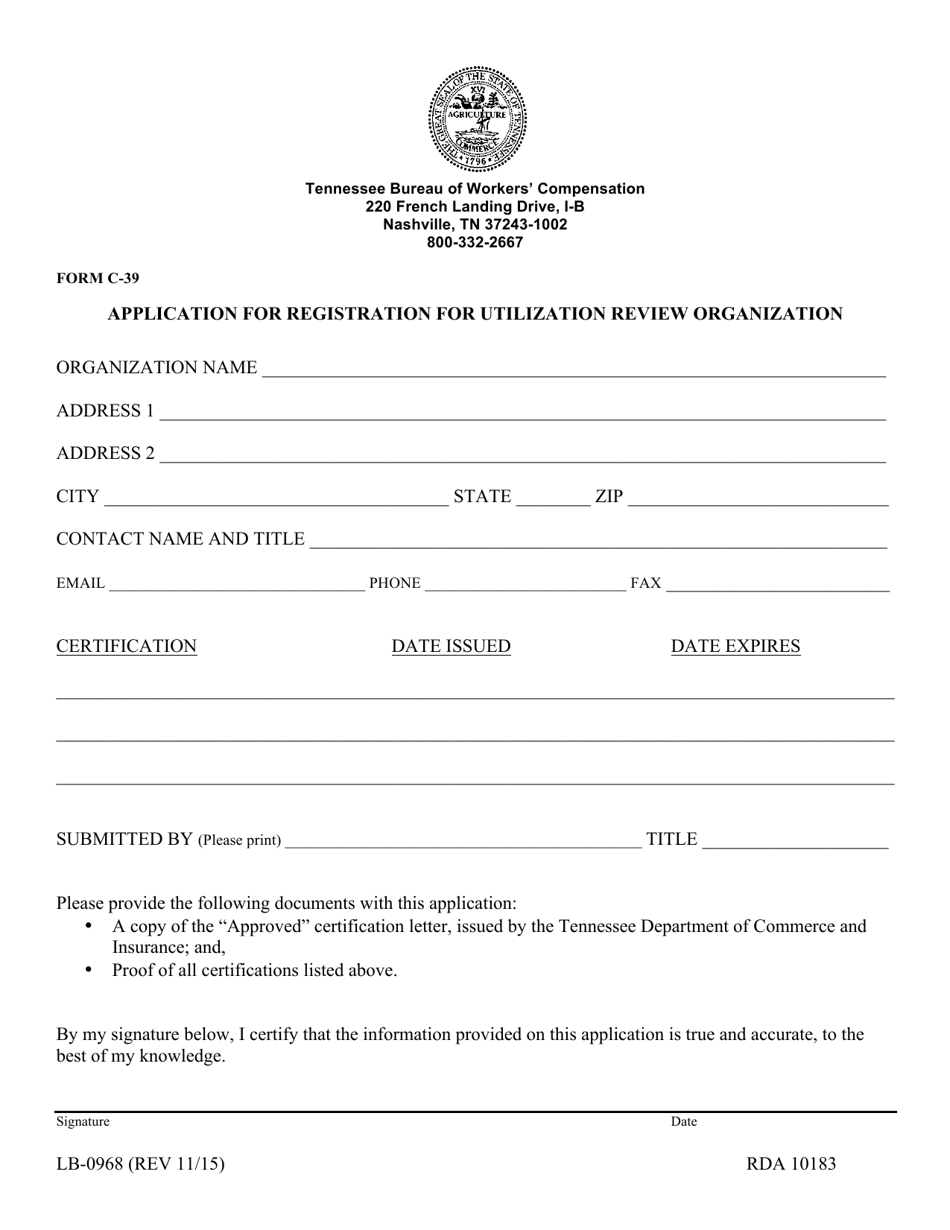 Form C-39 (LB-0968) Application for Registration for Utilization Review Organization - Tennessee, Page 1