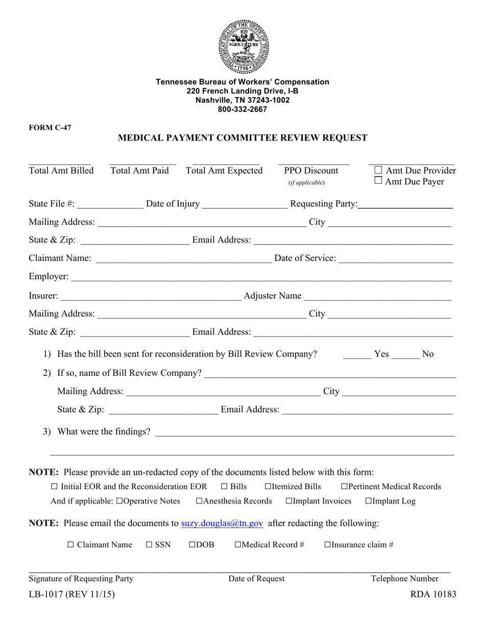 Form C-47 (LB-1017) Medical Payment Committee Review Request - Tennessee, Page 1