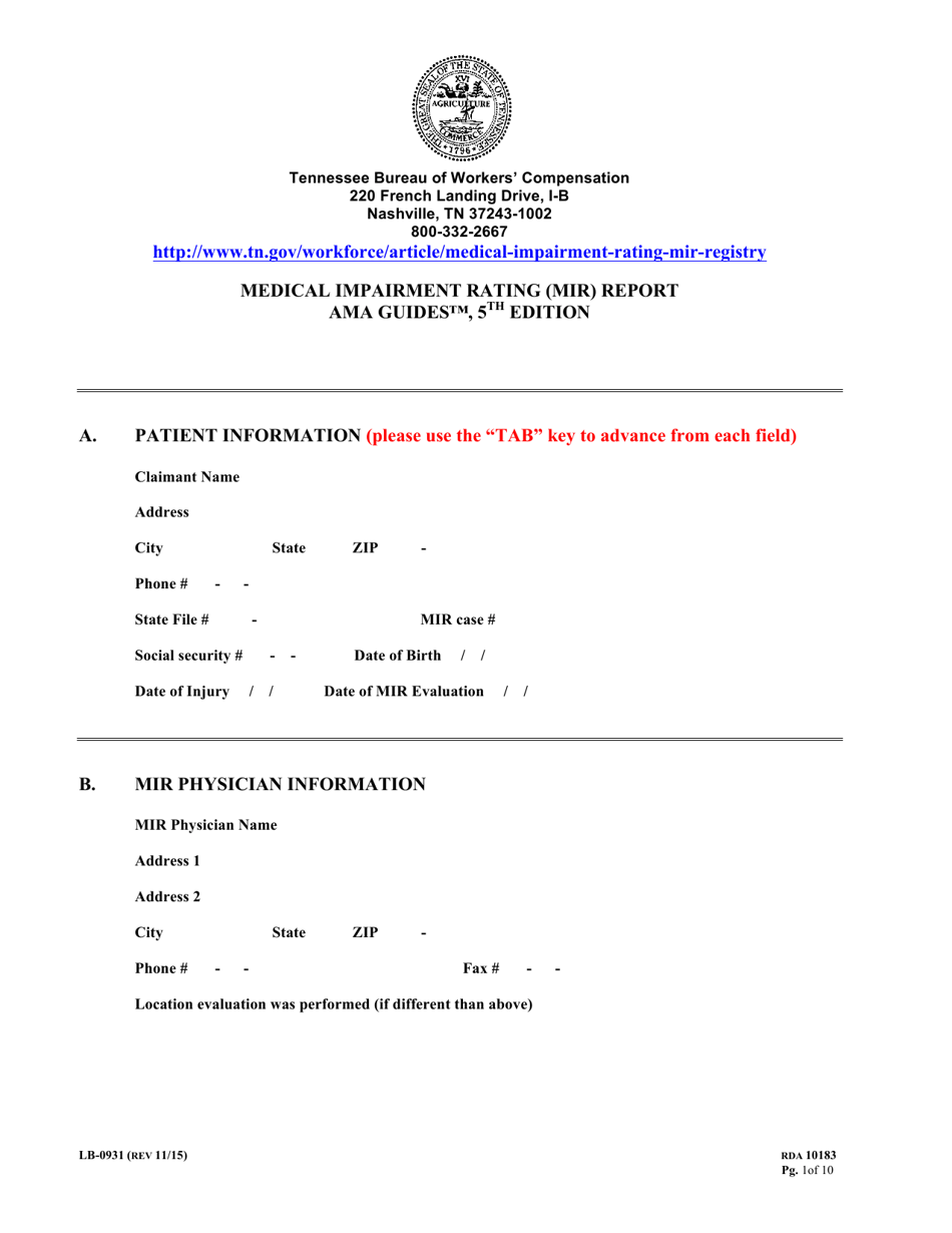 Form LB-0931 Mir Impairment Rating Report - 5th Edition - Tennessee, Page 1