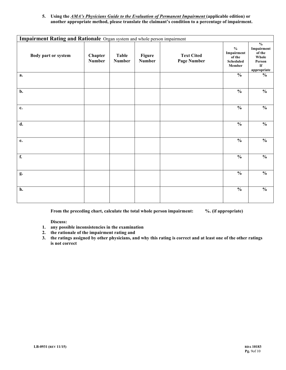 Form LB-0931 Mir Impairment Rating Report - 5th Edition - Tennessee, Page 9