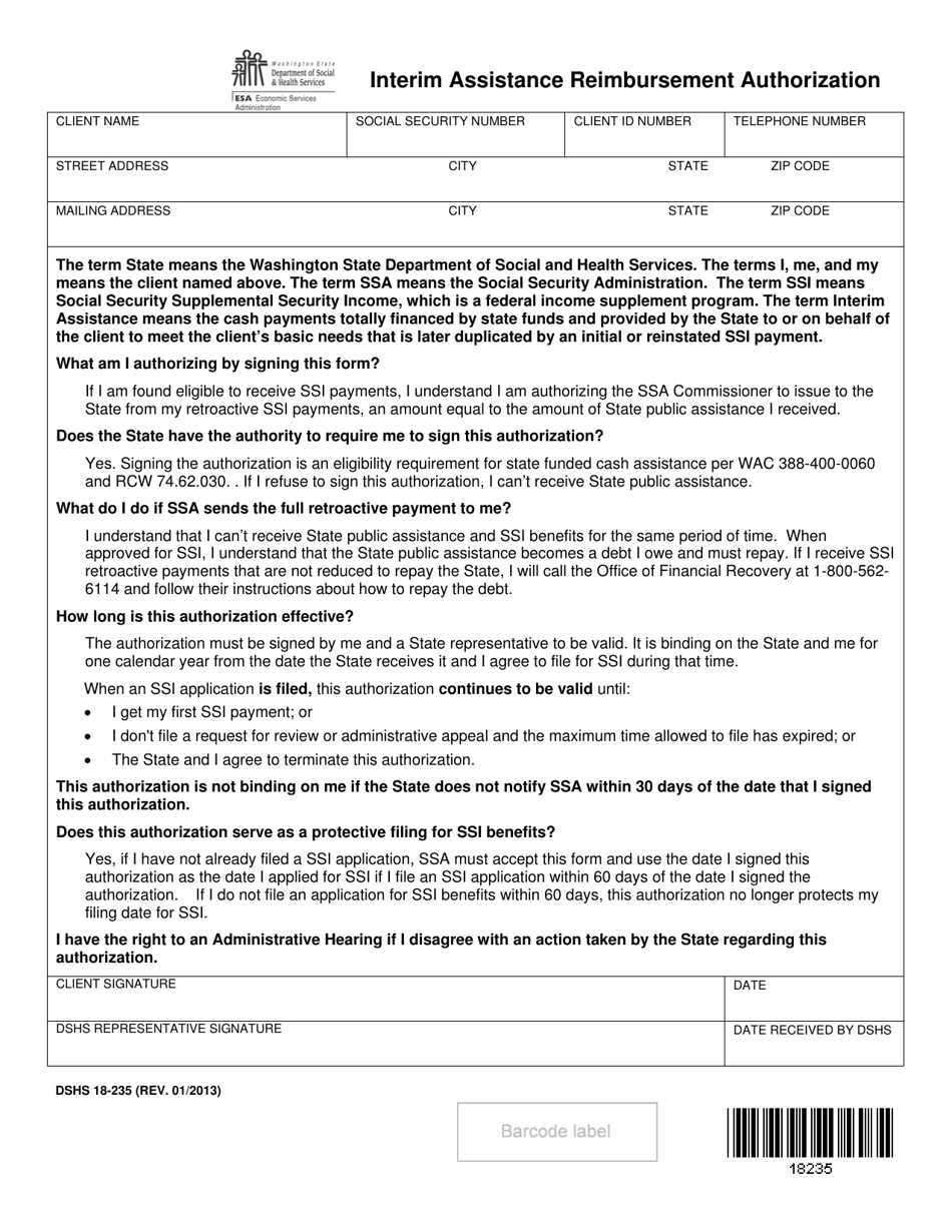 DSHS Form 18-235 Interim Assistance Reimbursement Authorization - Washington, Page 1