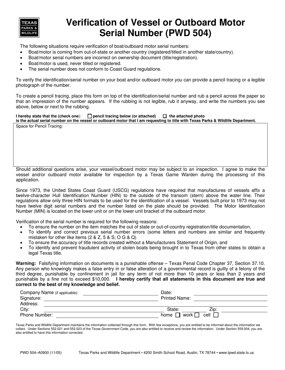 Form PWD504 Verification of Vessel or Outboard Motor Serial Number - Texas, Page 1