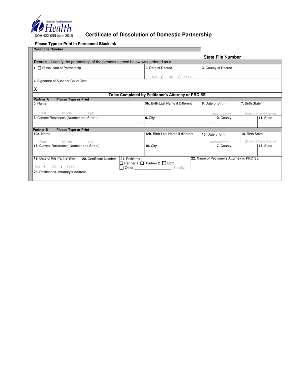 DOH Form 422-055 Certificate of Dissolution of Domestic Partnership - Washington, Page 1