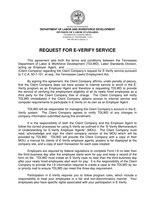 Request for E-Verify Service - Tennessee