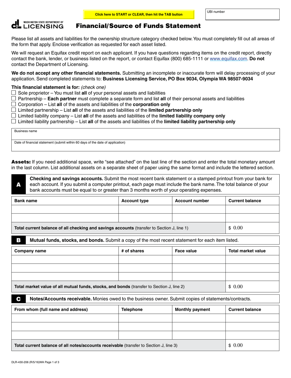 Form DLR-430-206 Financial / Source of Funds Statement - Washington, Page 1