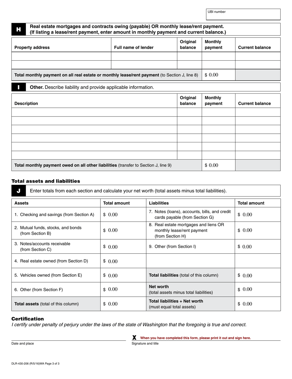 Form DLR-430-206 Financial / Source of Funds Statement - Washington, Page 3