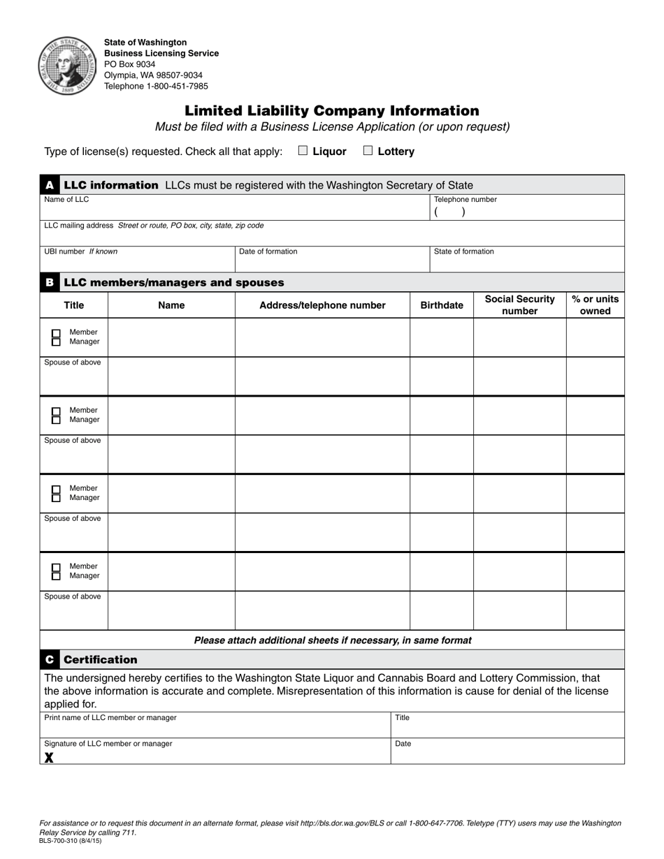 Form BLS-700-310 Limited Liability Company Information - Washington, Page 1