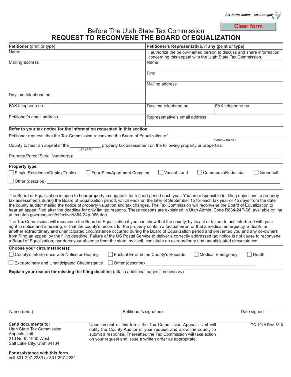 Form TC194A Download Fillable PDF or Fill Online Request to Reconvene