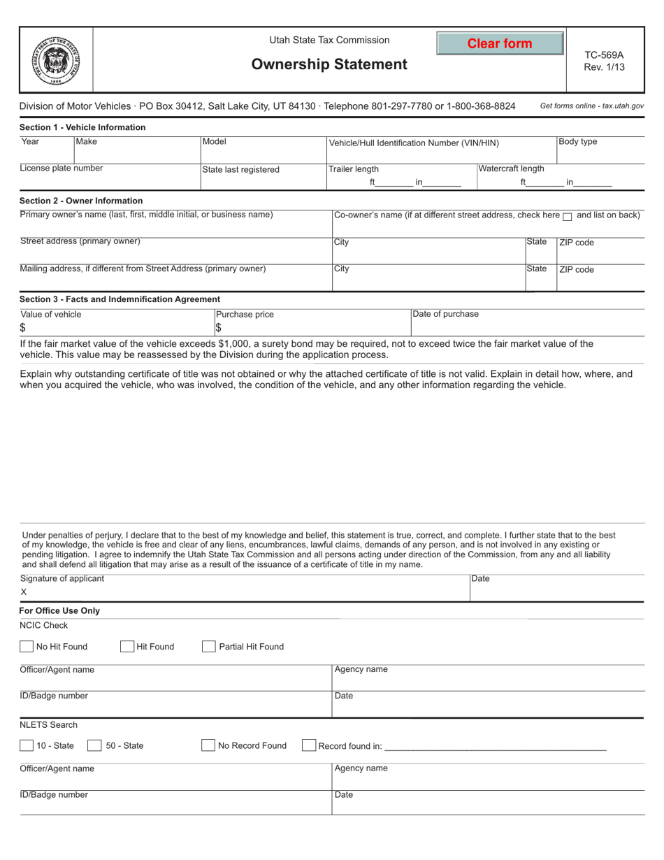 Form TC-569A Ownership Statement - Utah, Page 1