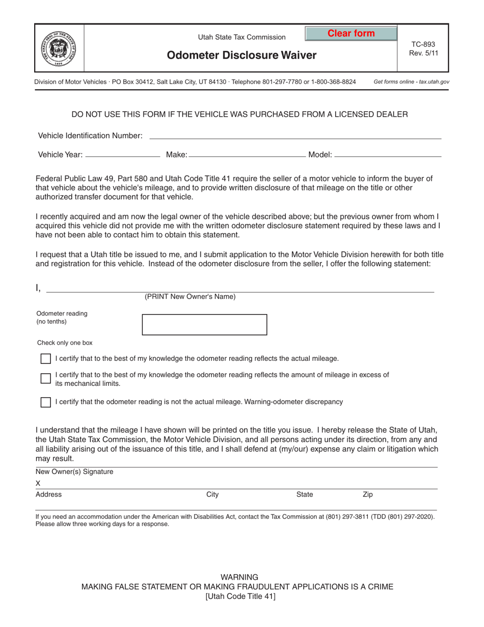 Form TC-893 Odometer Disclosure Waiver - Utah, Page 1