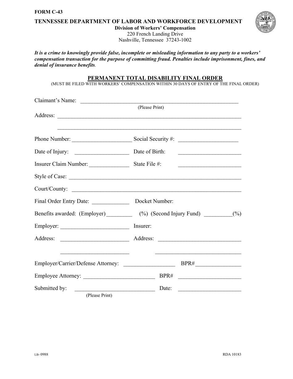 Form C-43 (LB-0988) Permanent Total Disability Final Order - Tennessee, Page 1