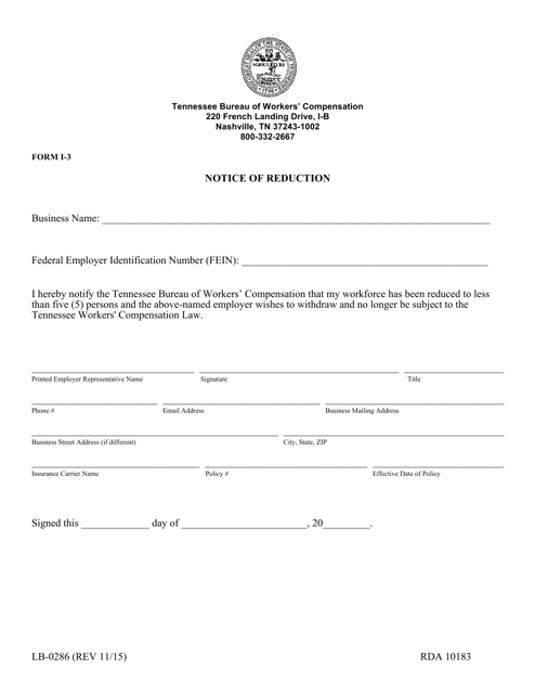 Form I-3 (LB-0286) Notice of Reduction - Tennessee