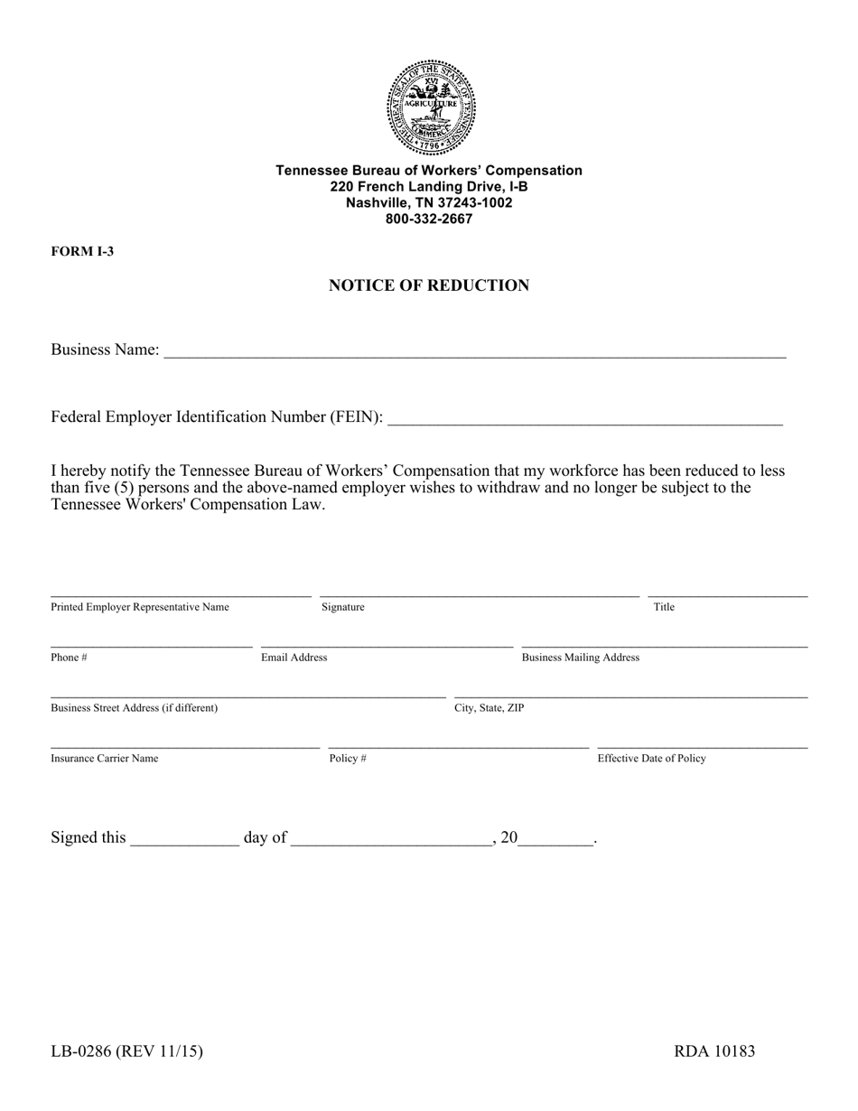 Form I-3 (LB-0286) Notice of Reduction - Tennessee, Page 1