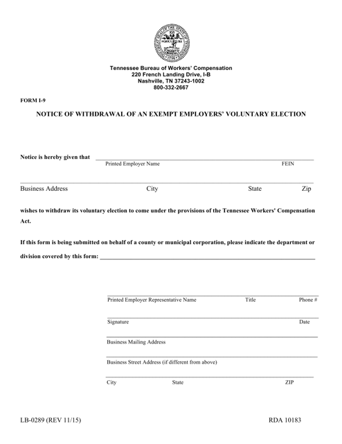 Form I-9 (LB-0289) Notice of Withdrawal of an Exempt Employers' Voluntary Election - Tennessee