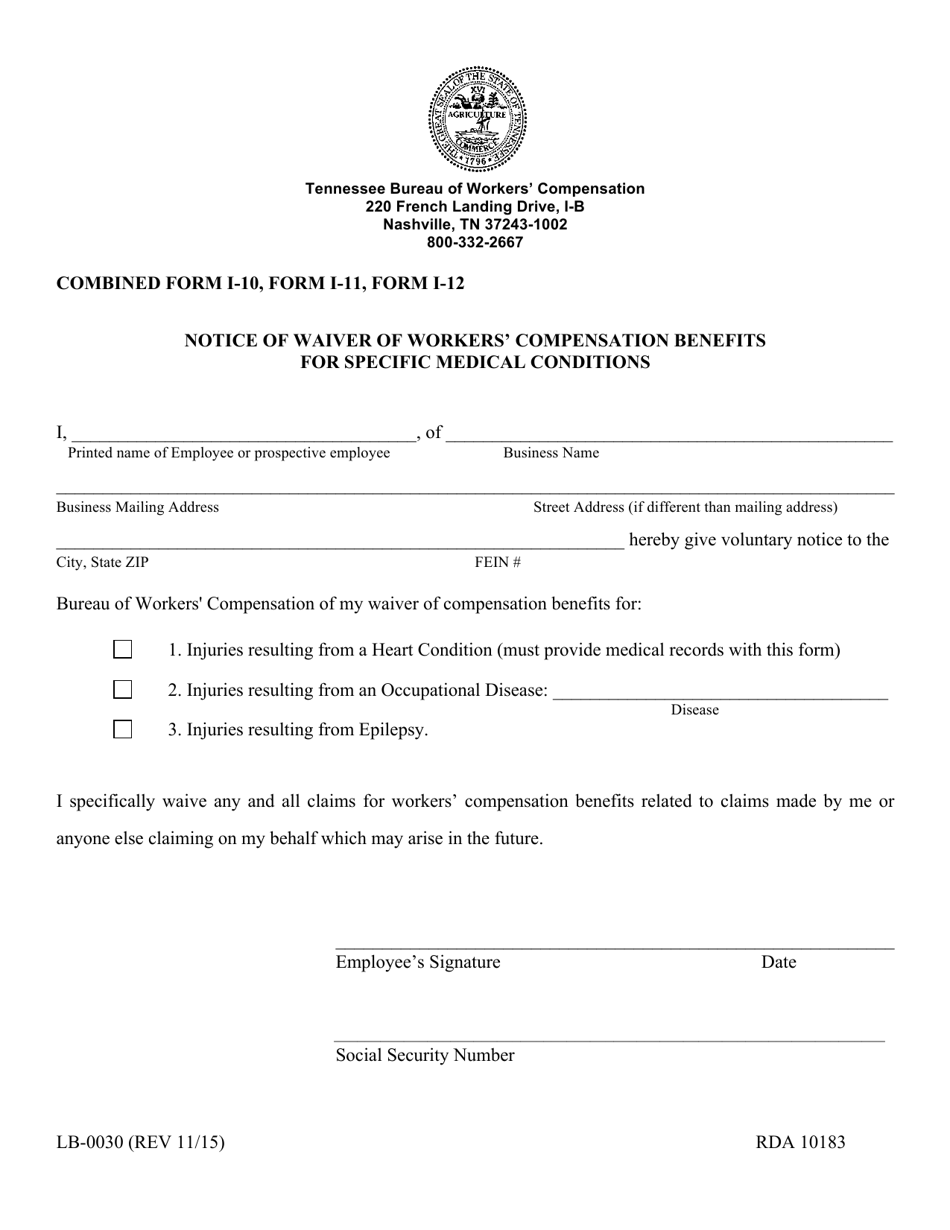 Form LB-0030 (I-10; I-11; I-12) Notice of Waiver of Workers Compensation Benefits for Specific Medical Conditions - Tennessee, Page 1