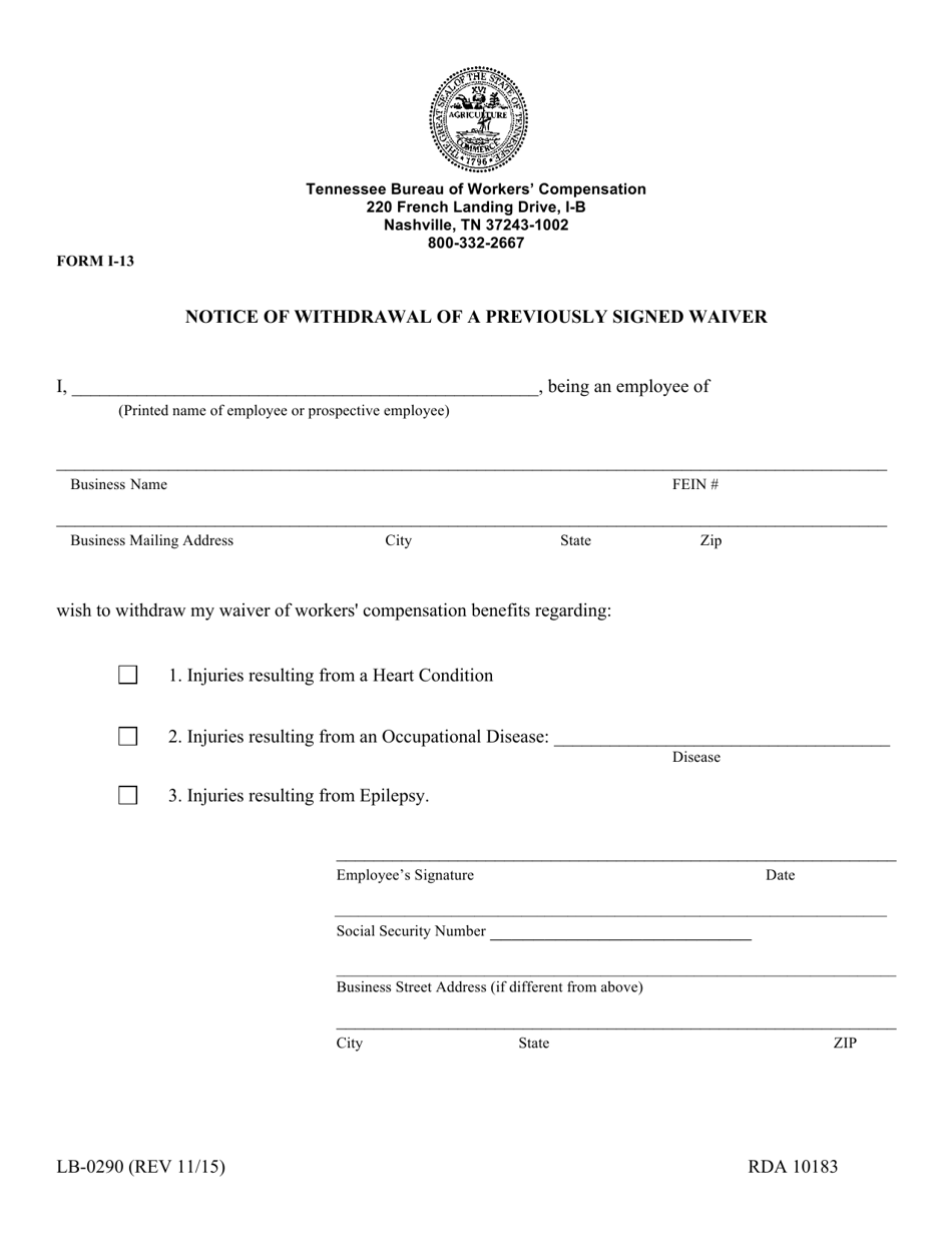 Form I-13 (LB-0290) Notice of Withdrawal of a Previously Signed Waiver - Tennessee, Page 1