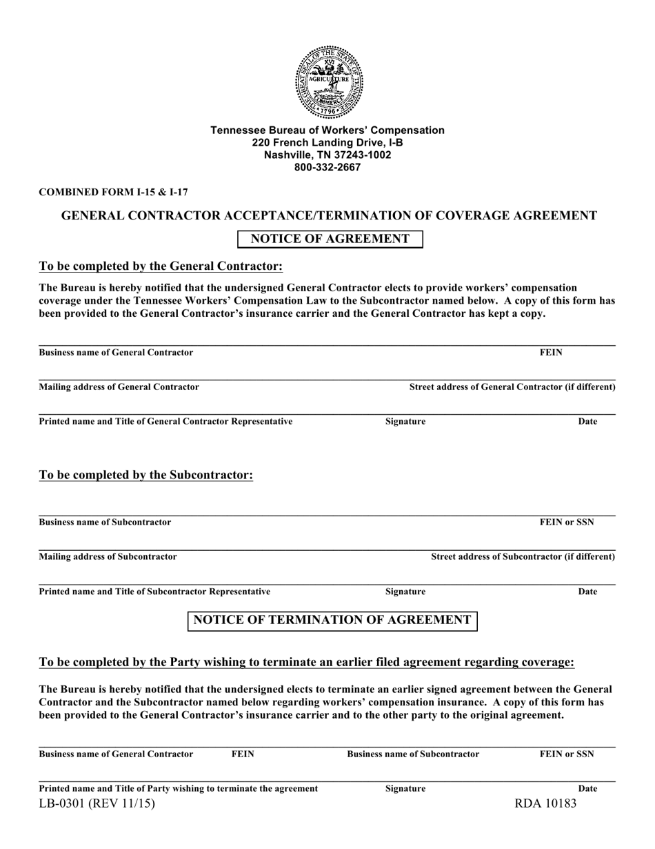 Form I-15 (I-17; LB-0301) General Contractor Acceptance / Termination of Coverage Agreement - Tennessee, Page 1