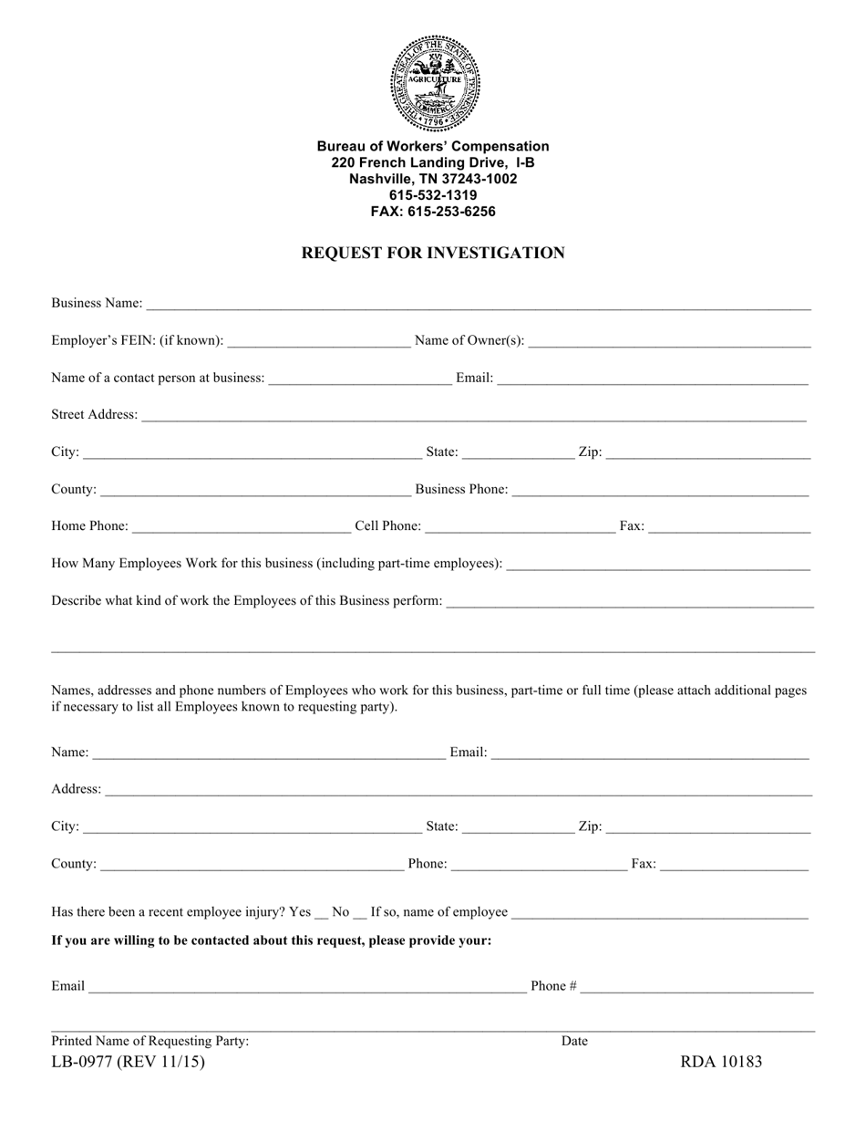 Form LB-0977 Request for Investigation - Tennessee, Page 1