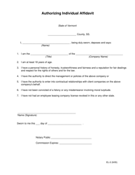 DOL Form EL-2 Authorizing Individual Affidavit - Vermont