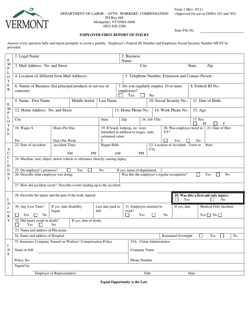 DOL Form 1 Fill Out, Sign Online and Download Fillable PDF, Vermont