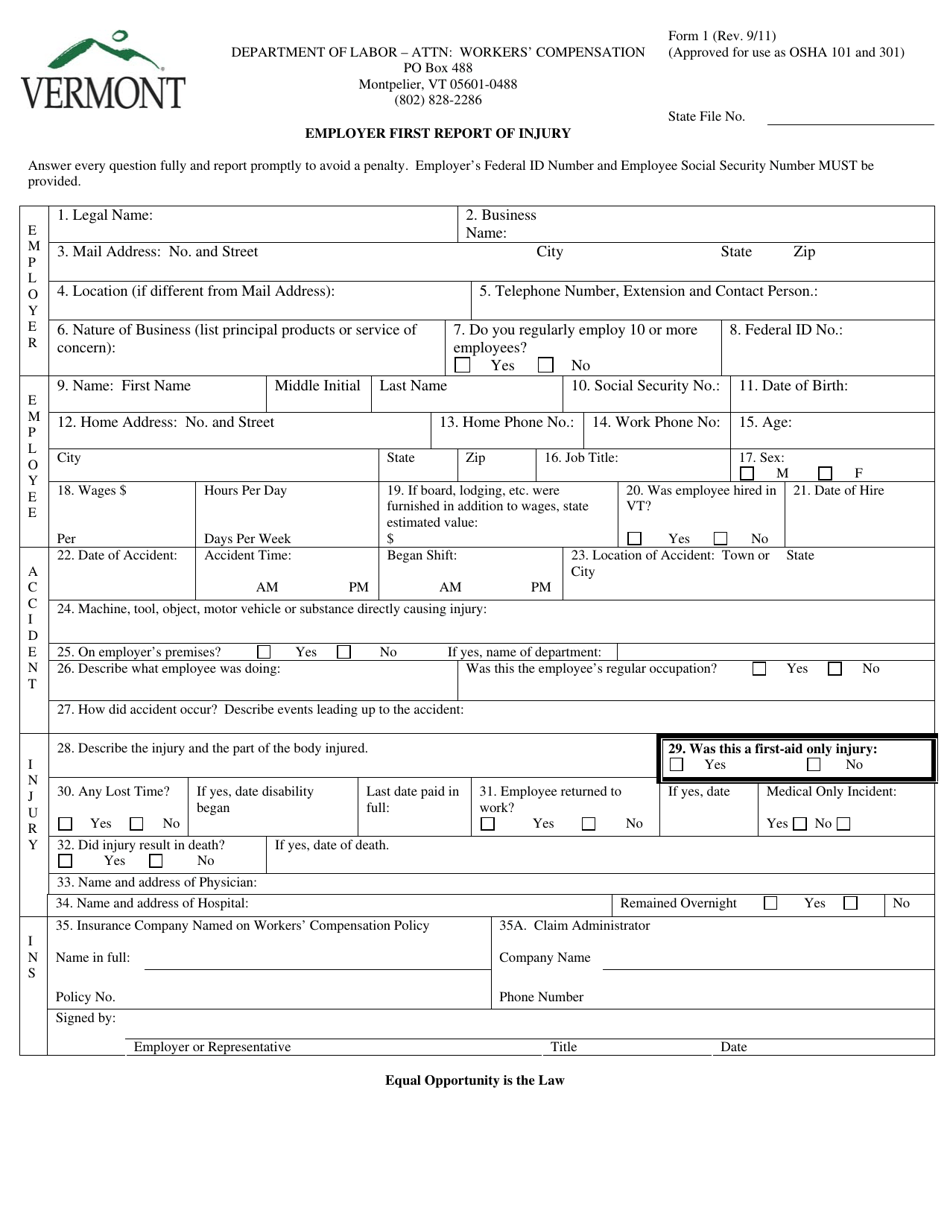 DOL Form 1 Employer First Report of Injury - Vermont, Page 1