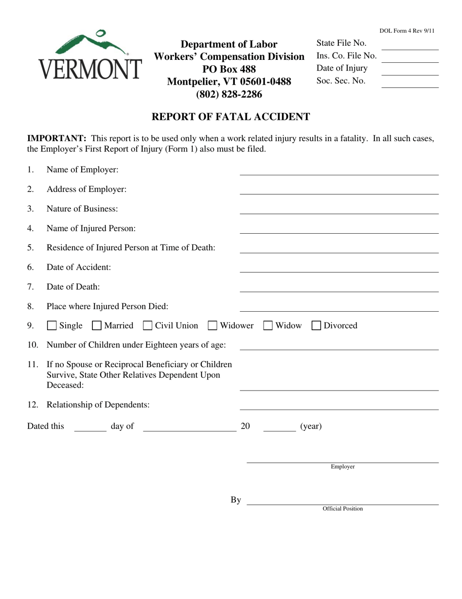DOL Form 4 Report of Fatal Accident - Vermont, Page 1
