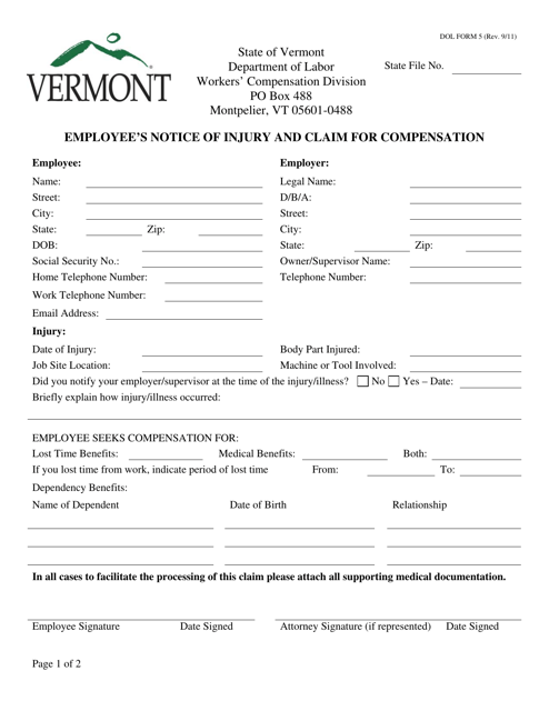 DOL Form 5 Employee's Notice of Injury and Claim for Compensation - Vermont