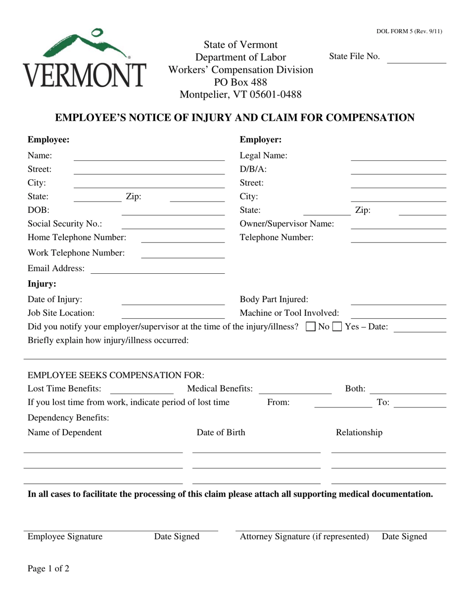 DOL Form 5 Employees Notice of Injury and Claim for Compensation - Vermont, Page 1
