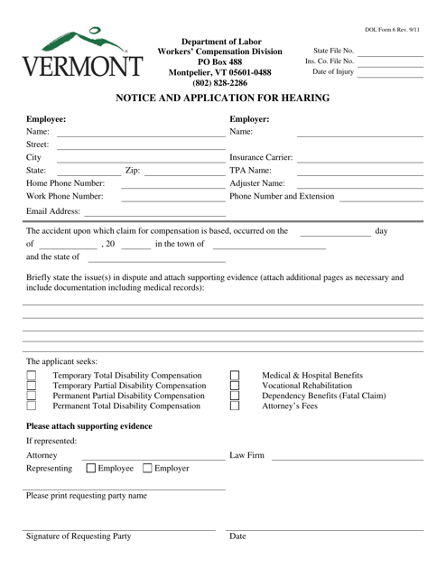 DOL Form 6 Notice and Application for Hearing - Vermont