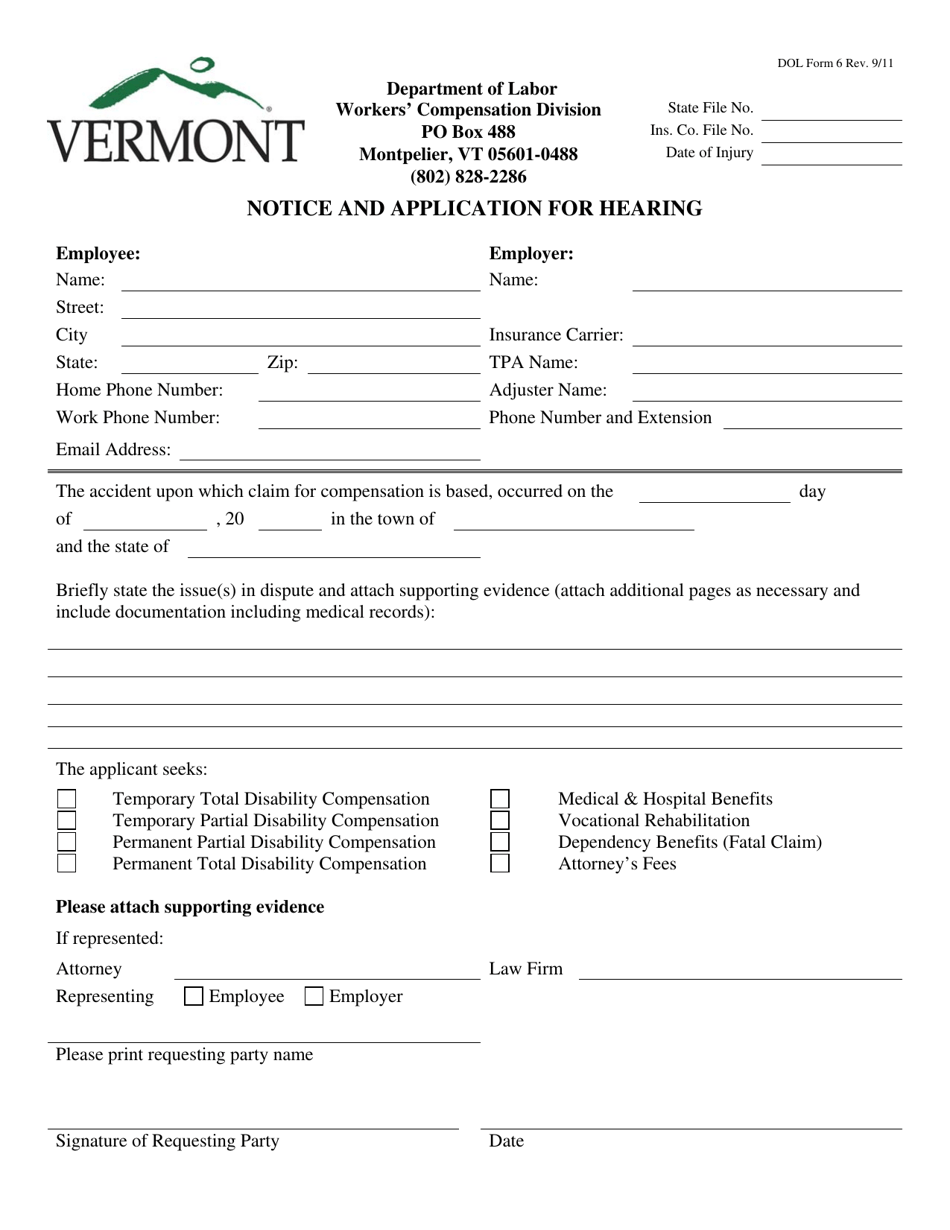 DOL Form 6 Notice and Application for Hearing - Vermont, Page 1