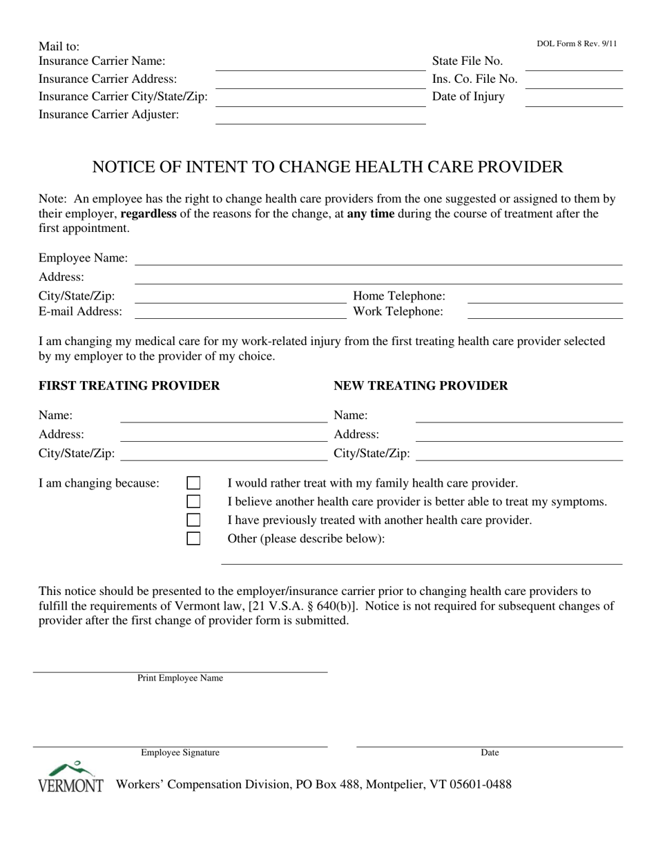 DOL Form 8 Notice of Intent to Change Health Care Provider - Vermont, Page 1