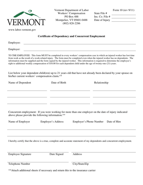 DOL Form 10 Certificate of Dependency and Concurrent Employment - Vermont