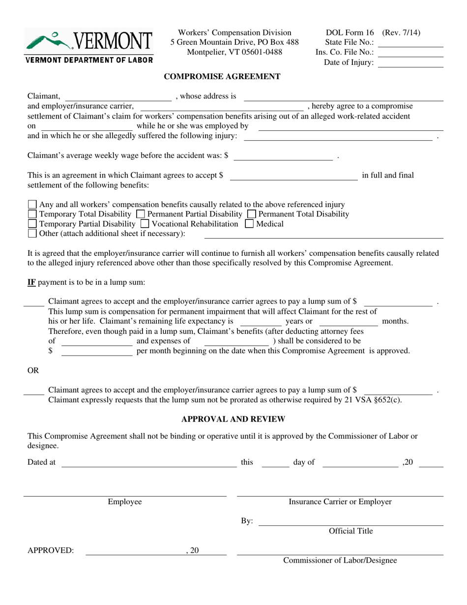 DOL Form 16 Compromise Agreement - Vermont, Page 1
