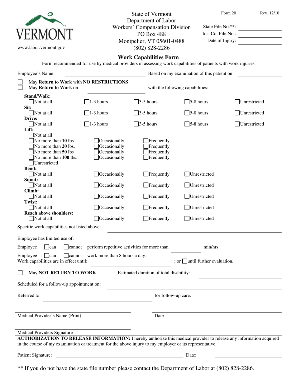DOL Form 20 Work Capabilities Form - Vermont, Page 1