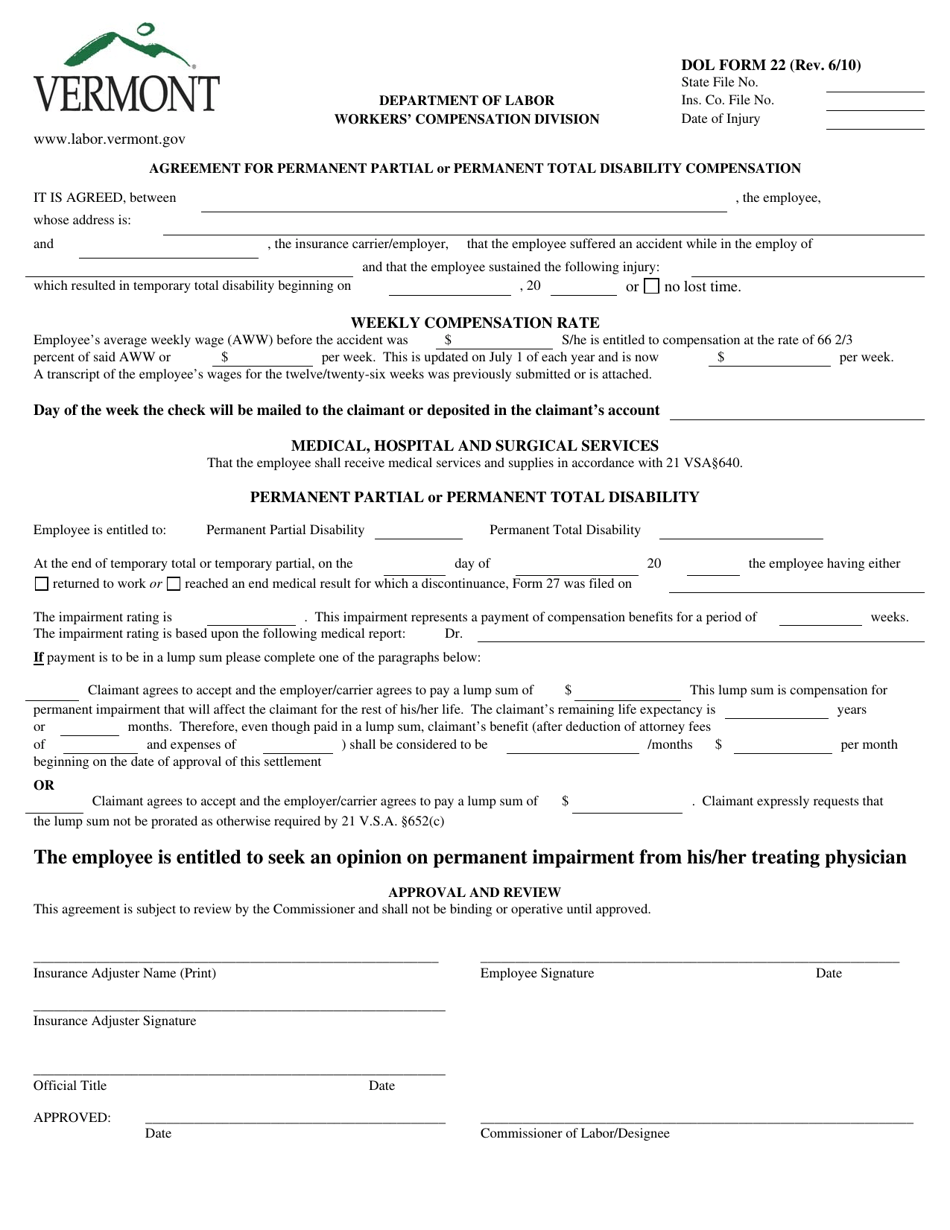 DOL Form 22 Fill Out, Sign Online and Download Fillable PDF, Vermont