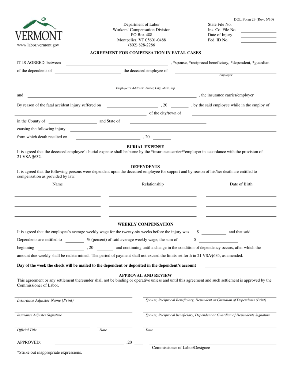 DOL Form 23 - Fill Out, Sign Online and Download Fillable PDF, Vermont ...